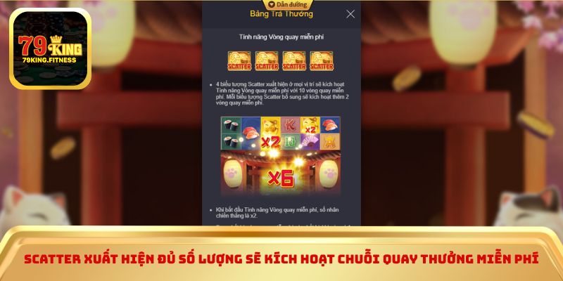 Scatter xuất hiện đủ số lượng sẽ kích hoạt chuỗi quay thưởng miễn phí